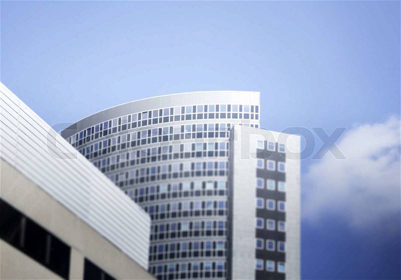 This photograph represent a office building in the business district Tilt shift effect, stock photo