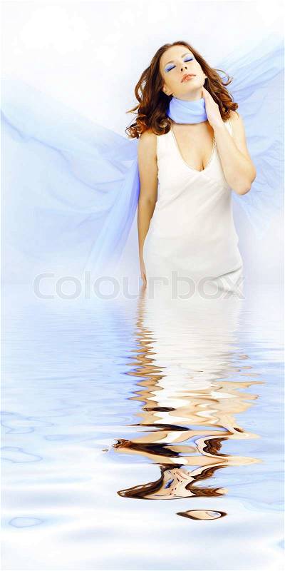 Sensual portrait of beautiful woman with flying blue scarf on white studio background, stock photo