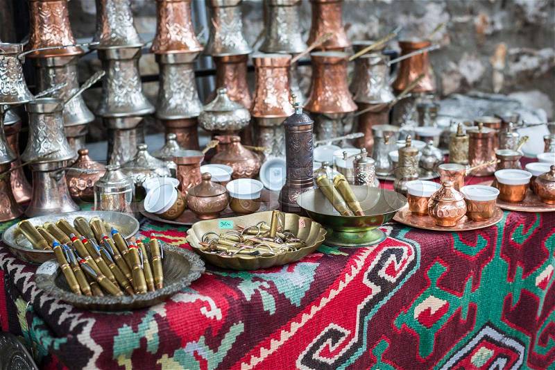 Copper product as souvenir for visitors and tourists in Old Town Sarajevo. Bosnia and Herzegovina, stock photo