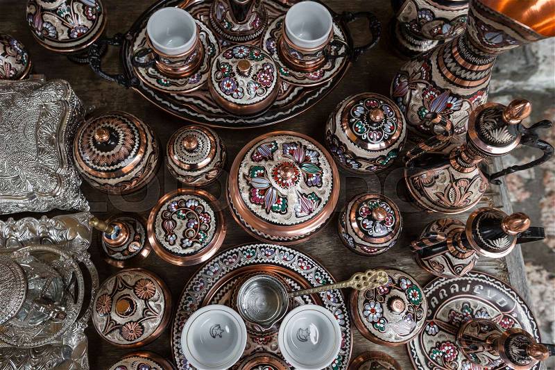Traditional handcrafted copper coffee pots in souvenir shops in Sarajevo. Bosnia and Herzegovina, stock photo