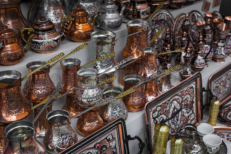 Copper product as souvenir for visitors and tourists in Old Town Mostar. Bosnia and Herzegovina, stock photo