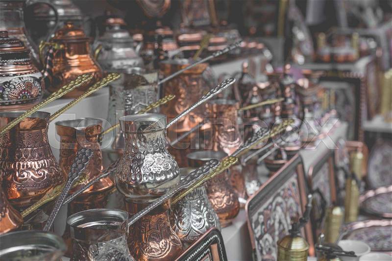 Copper product as souvenir for visitors and tourists in Old Town Mostar. Bosnia and Herzegovina, stock photo