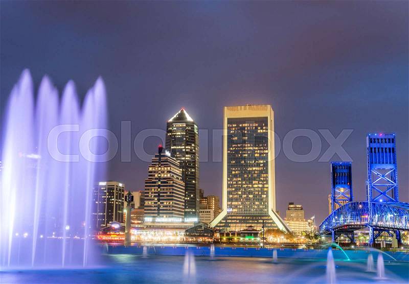 Jacksonville, Florida. City lights at night with river reflections, stock photo