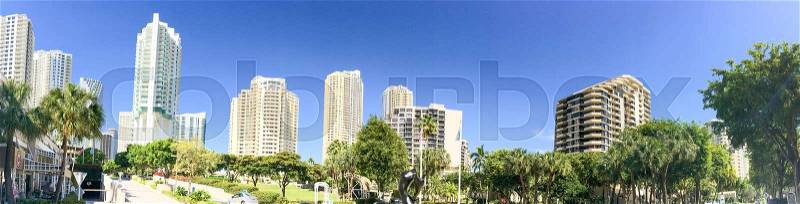 MIAMI - FEBRUARY 2016: Panoramic view of Brickell Key buildings. Miami attracts 5 million people annually, stock photo