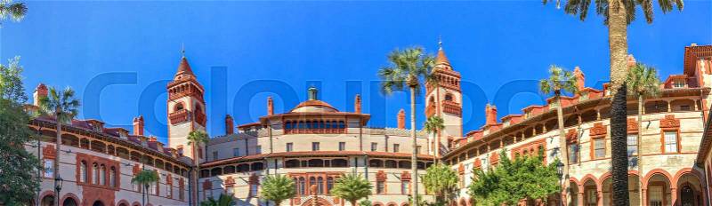 ST. AUGUSTINE, FLORIDA - FEBRUARY 2016: Panoramic view of Flagler College. St Augustine is a famous Florida destination, stock photo
