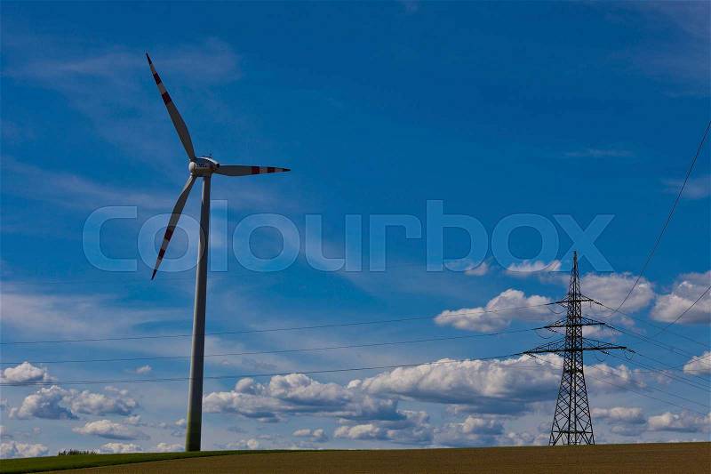 Wind turbine of a wind power plant. obtaining alternative and sustainable energy for electricity generation, stock photo