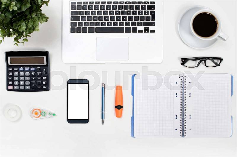 Business white desk in office top view. office supply order arrangement background banner blank business concept, stock photo