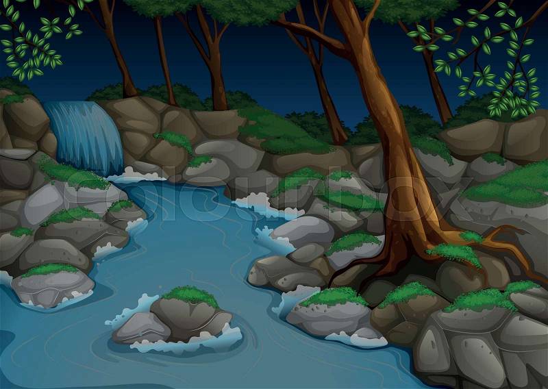 Forest scene with waterfall and trees at night illustration, vector