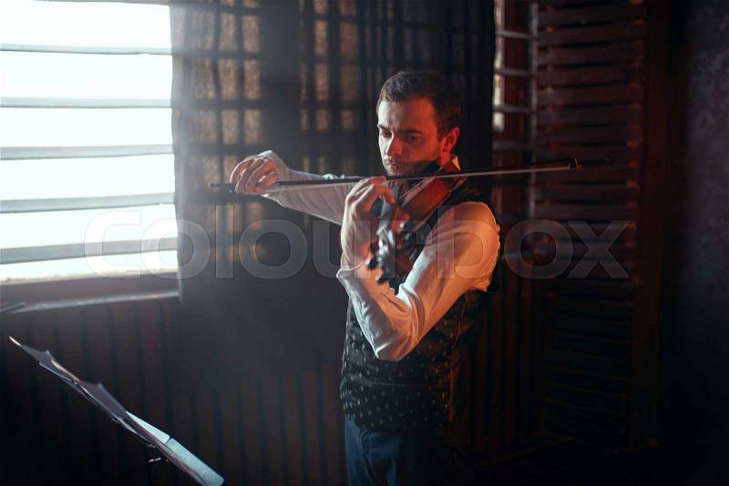 Male violinist playing on violin against the window. Fiddler man with musical instrument, stock photo