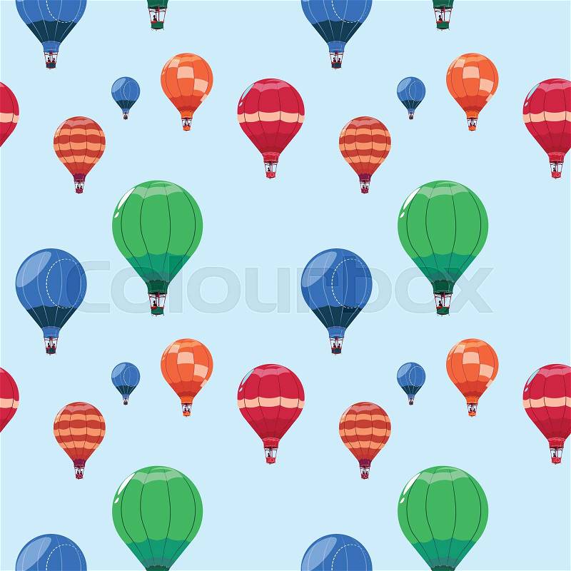 Colorful Air Balloons Baskets Flying Seamless Pattern Vector Illustration, vector