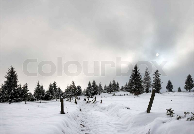 Winter mountain dull day landscape (with sun through clouds and bumpy country road), stock photo