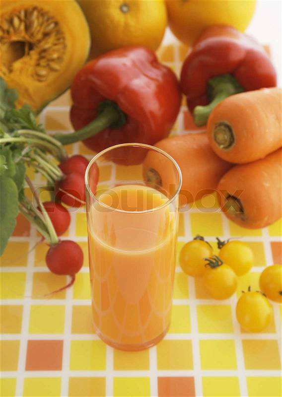 Glasses of fruit and vegetable juice with fruits, stock photo