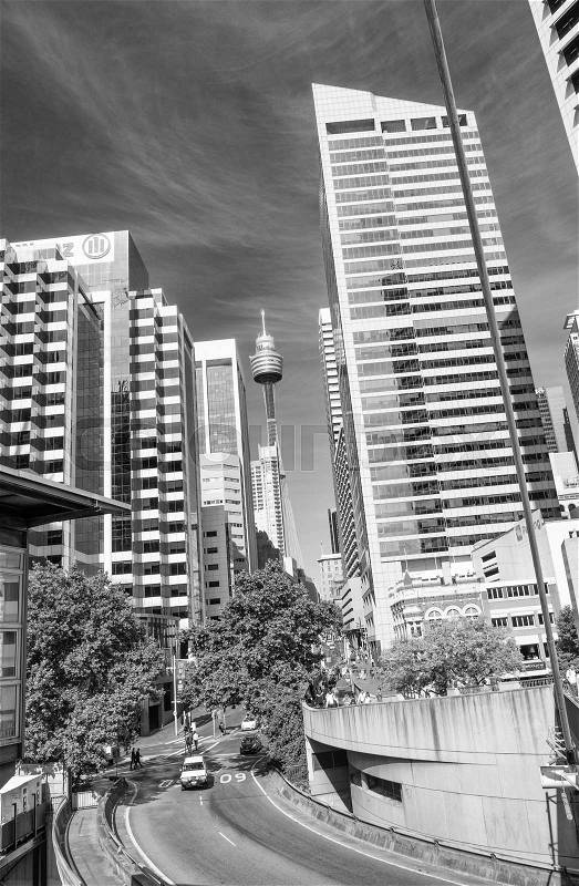 Sydney skyline from street level on a beautiful day, stock photo