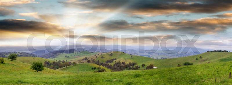 Panoramic view of Australian countryside at sunset, New South Wales, stock photo