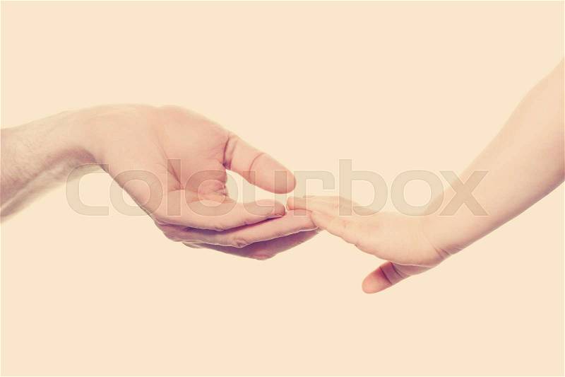 Baby and Parents Hands on Banner Background. Small Child Holding Father Hand, stock photo