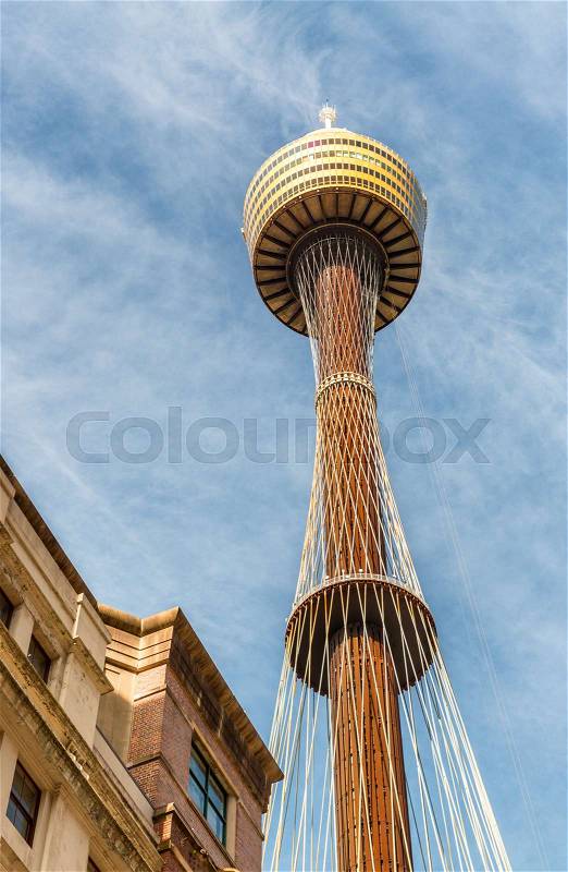 Sydney Tower from street level on a beautiful day, stock photo