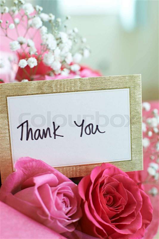 Thank You Card In Bouquet Of Flowers, stock photo