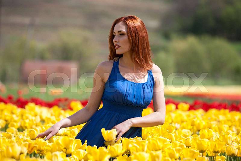 Woman in blue dress in beautiful flower field in sunny summer day. Beautiful girl in springtime, stock photo
