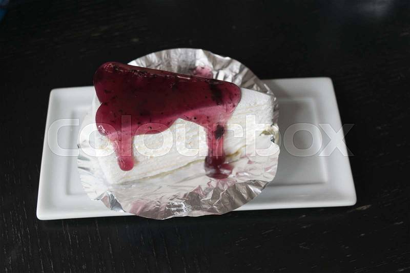 Cherry cake on the table in cafe, Joyful with coffee time concept, stock photo