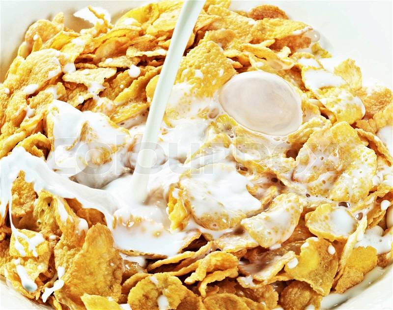 Milk stream flowing to the bowl with corn flakes, stock photo