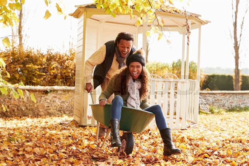 Man In Autumn Garden Gives Woman Ride In Wheelbarrow, stock photo
