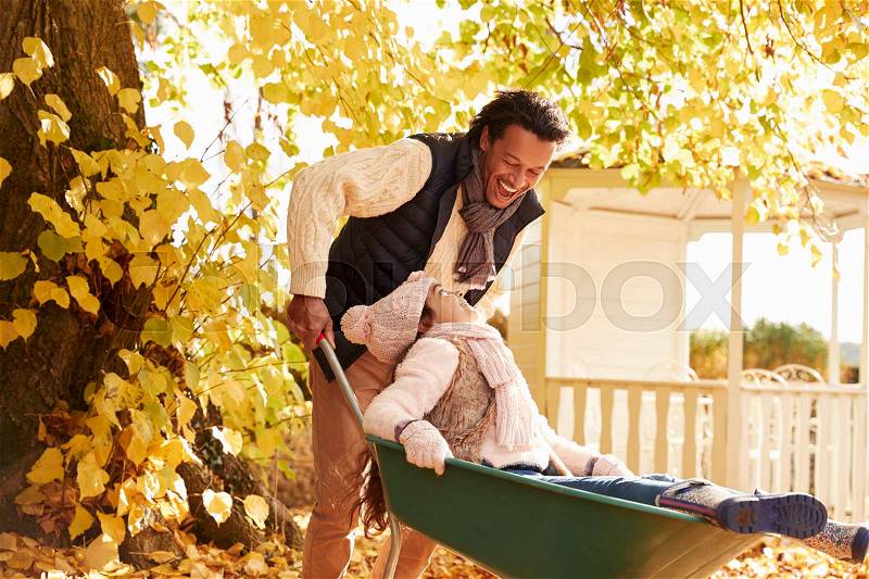 Father In Autumn Garden Gives Daughter Ride In Wheelbarrow, stock photo
