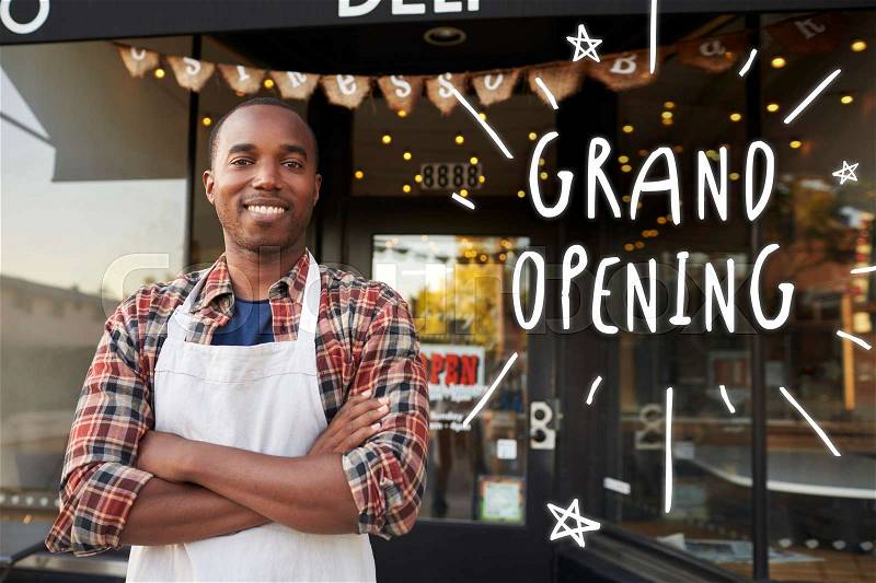 Black male business owner outside coffee shop grand opening, stock photo