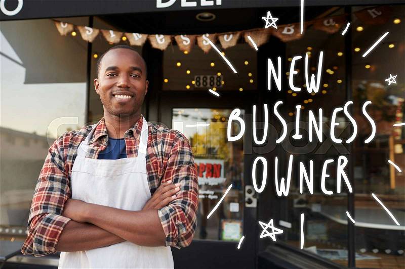Black male new business owner standing outside coffee shop, stock photo