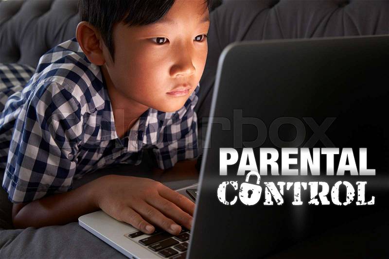 Boy Using Laptop with Parental Control Message, stock photo
