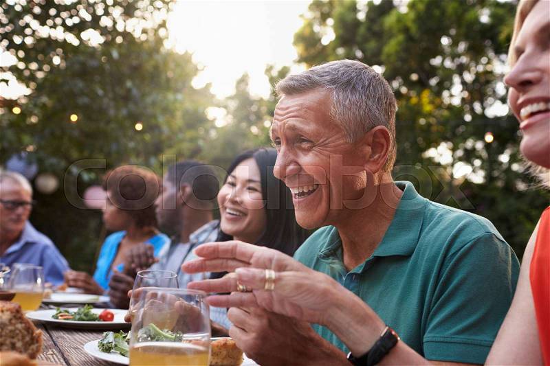 Group Of Mature Friends Enjoying Outdoor Meal In Backyard, stock photo