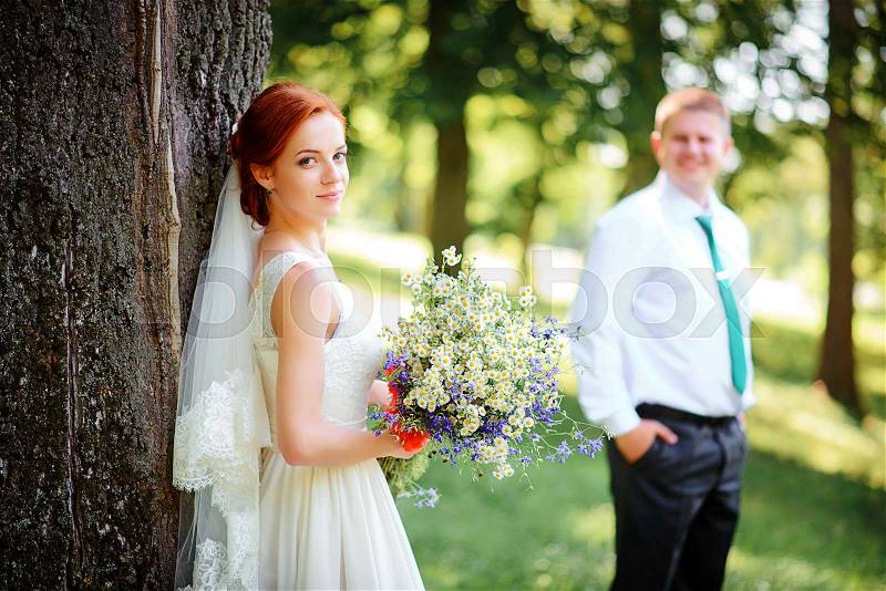 The bride and groom in the Park.A pair of newlyweds, the bride and groom at the wedding in the green forest nature kiss photo.Wedding Couple.Wedding walk, stock photo