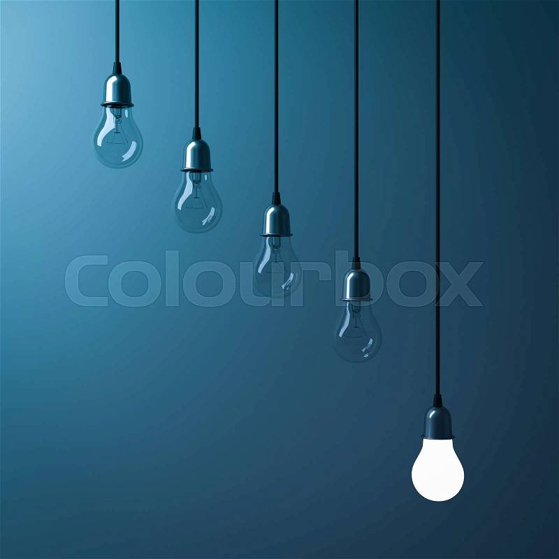 One hanging light bulb glowing different and standing out from unlit incandescent bulbs with reflection on dark cyan background , leadership and different business creative idea concept. 3D rendering, stock photo