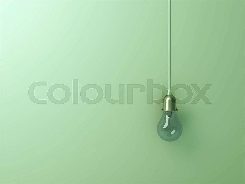 One hanging turn off incandescent light bulb on green wall background with blank space , creative idea concept. 3D rendering, stock photo