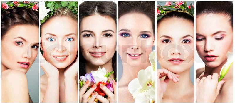Beautiful Women with Flowers. Perfect Face. Fashion Makeup, Flowers and Flower Wreath, Set, stock photo