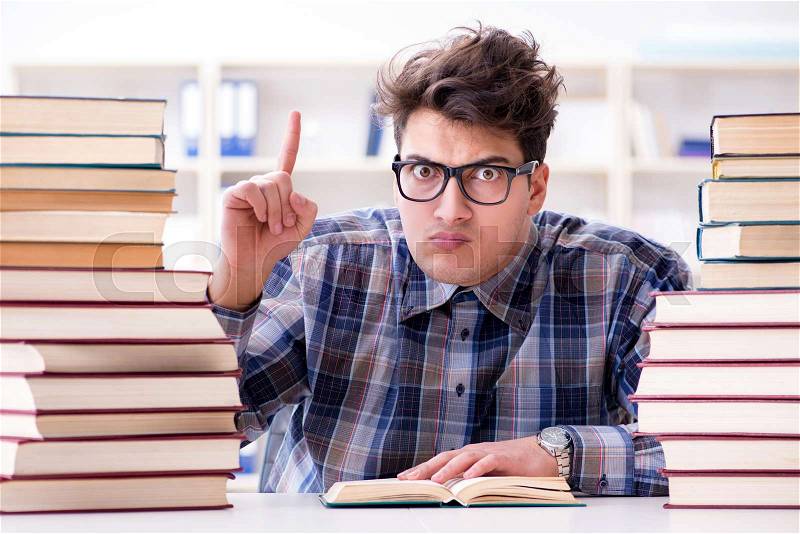 The nerd funny student preparing for university exams, stock photo