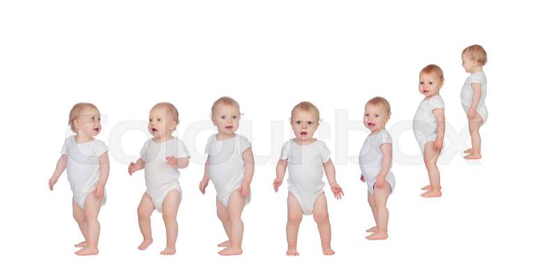 Sequence with a blond baby learning to walk isolated on a white background, stock photo
