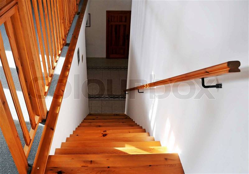 Interior - wood stairs and handrail, stock photo