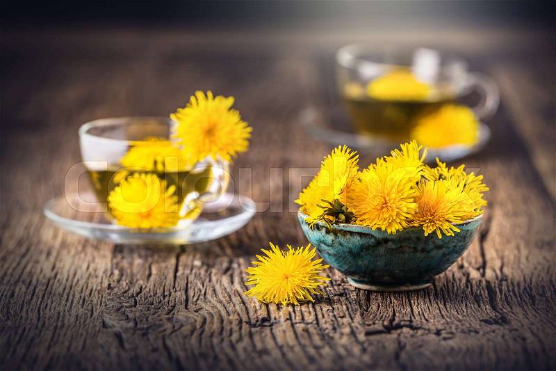 Dandelion Tea.Yellow dandelion flowers and tea cups, stock photo