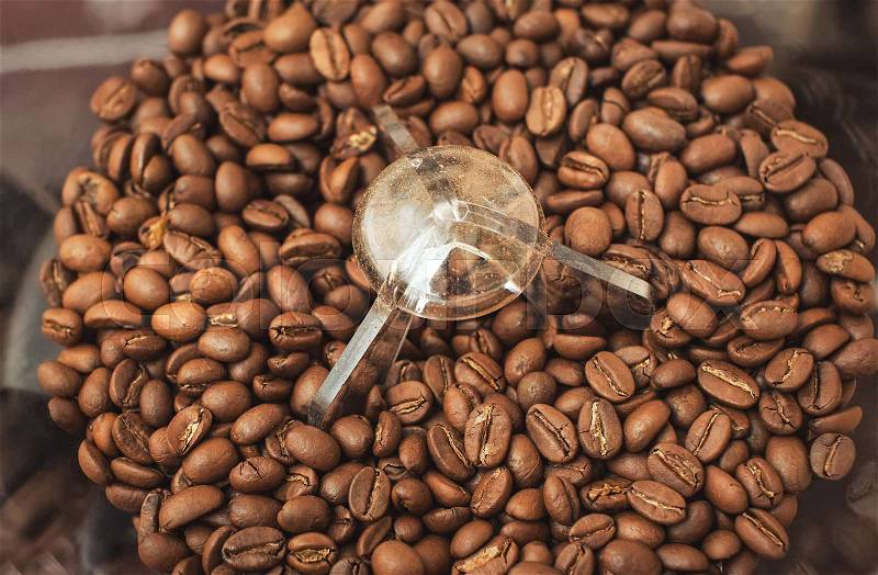 Grains of roasted coffee covered in an electric coffee machine close-up, stock photo