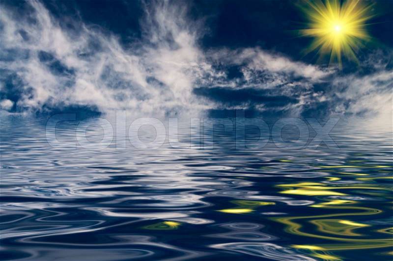 Serene blue sky with clouds above ocean, stock photo