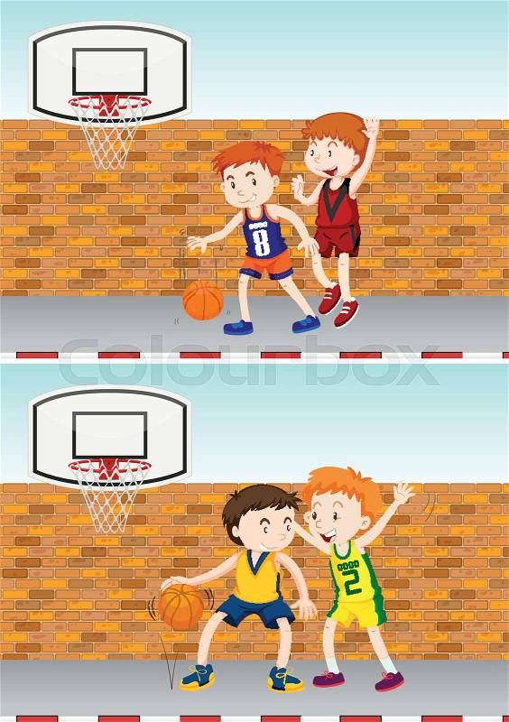Boys playing basketball by the street illustration, vector