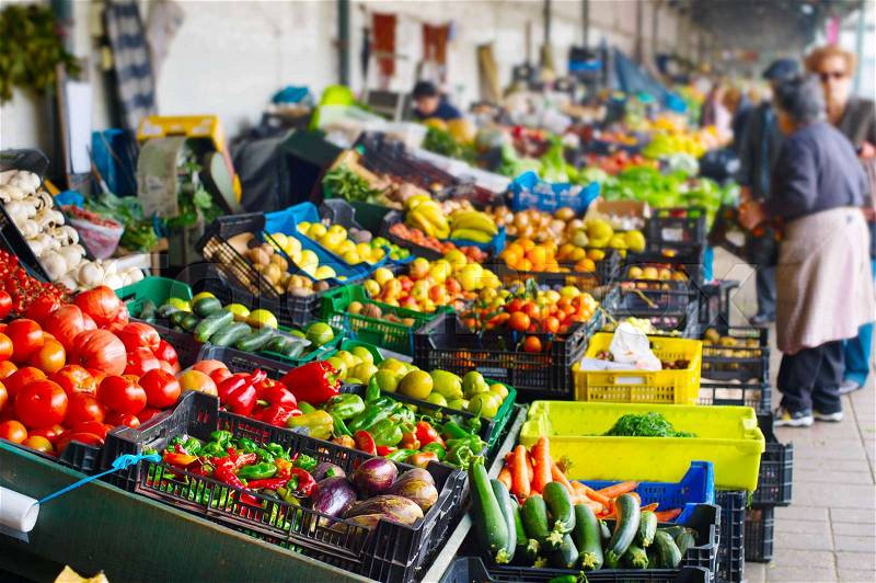 Stalls with fresh vegetables and fruits at Porto market. Portugal, stock photo