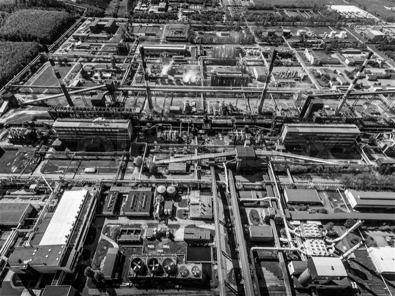Steel factory. Metallurgical plant. steelworks, iron works. Heavy industry in Europe. Air pollution from smokestacks, ecology problems. Industrial landscape.View from above, stock photo