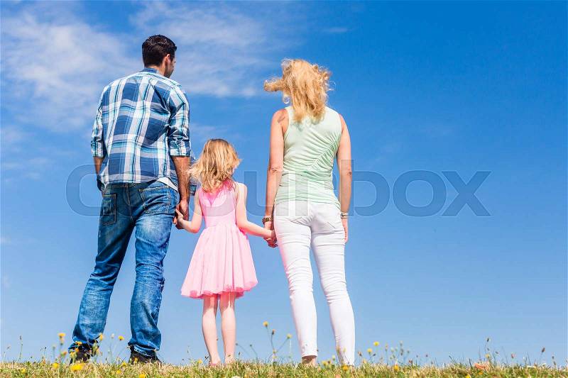 Family standing with their backs to the camera in front of blue skies, stock photo