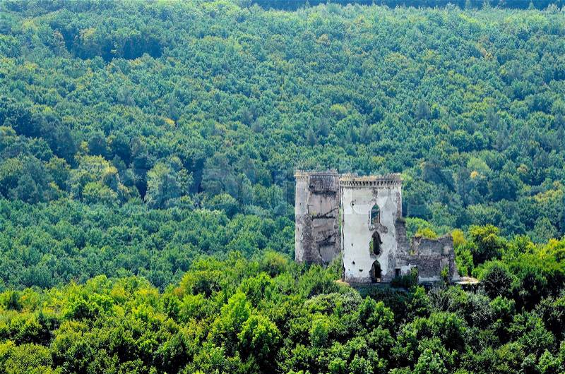 Scenic view of Chervonohorod Castle ruins Nyrkiv village, Ternopil region, Ukraine, stock photo