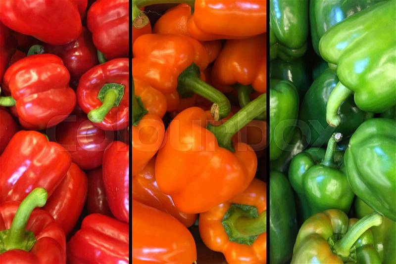 Image of three segments of top view red, yellow and green bell peppers in a pile, stock photo