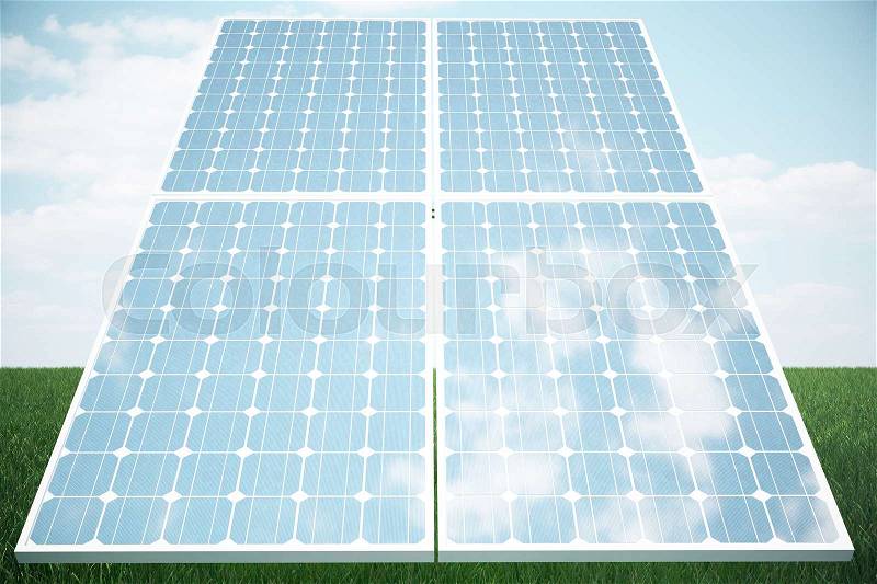 3D illustration solar panels on grass. Solar panel produces green, environmentally friendly energy from the sun. Concept energy of the future. Lighting and background are from NoEmotion HDRs, stock photo
