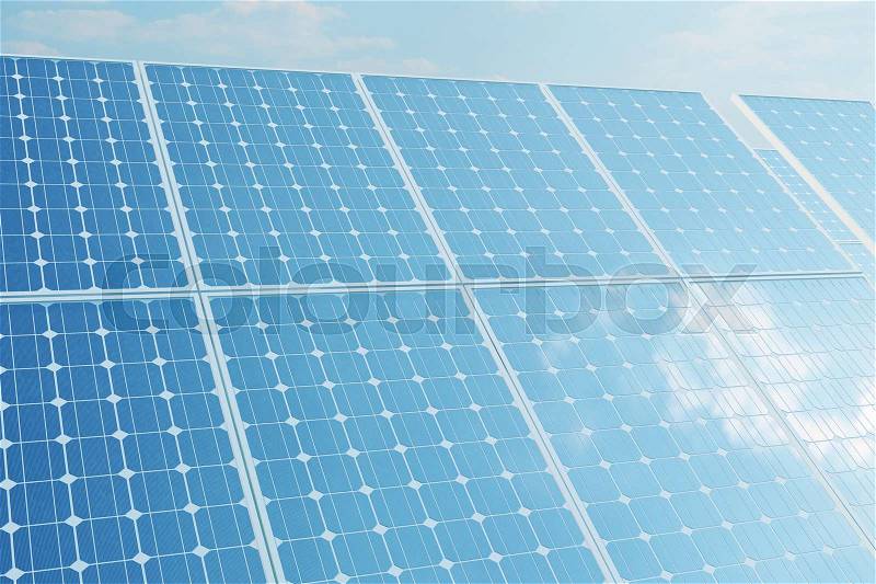 3D illustration solar panels on sky background. Alternative clean energy of the sun. Power, ecology, technology, electricity, stock photo