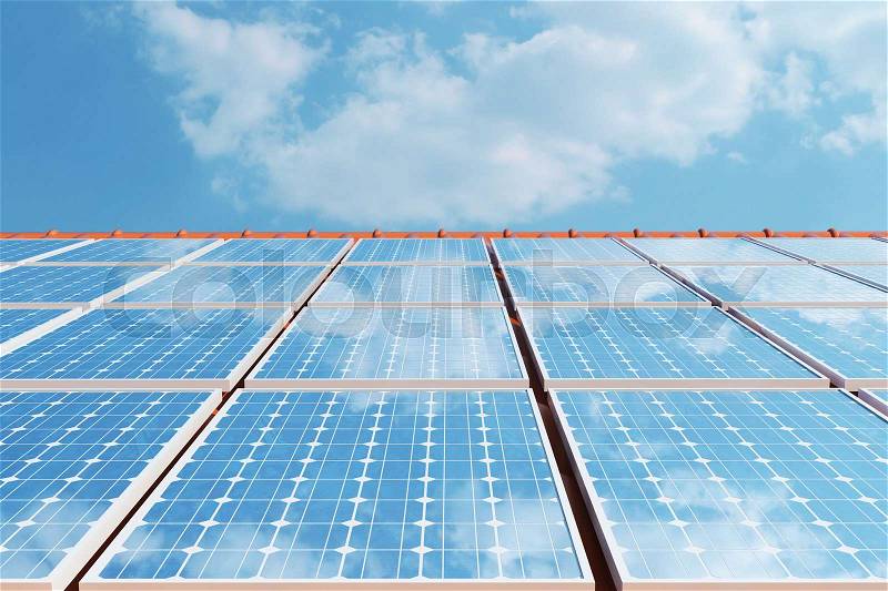 3D illustration solar panels on a red roof reflecting the cloudless blue sky. Energy and electricity. Alternative energy, eco or green generators. Power, ecology, technology, electricity, stock photo