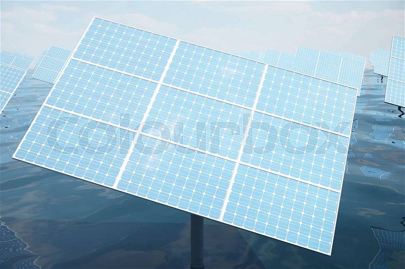 3D illustration of big solar panels on sea, ocean or river. Reflection of the clouds on the photovoltaic cells. Alternative clean energy of the sun. Power, ecology, technology, electricity, stock photo